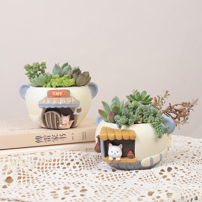 Little Pet Shop Succulent Planter - Whimsical Resin Animal Cafe & Bistro Flower Pot
