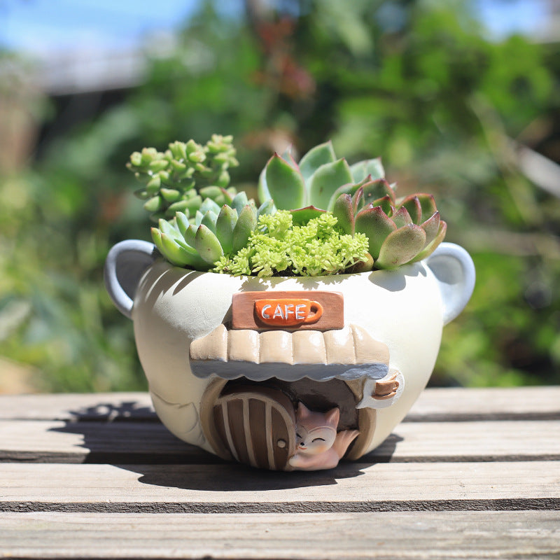 Little Pet Shop Succulent Planter - Whimsical Resin Animal Cafe & Bistro Flower Pot