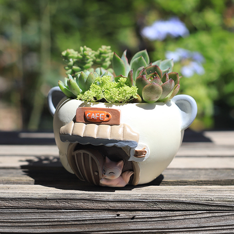 Little Pet Shop Succulent Planter - Whimsical Resin Animal Cafe & Bistro Flower Pot