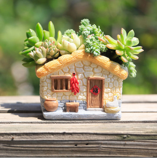 Zen Village Resin Succulent Planter - Rustic Chinese Countryside House Pot, Miniature Cottagecore Decor for Indoor Plants