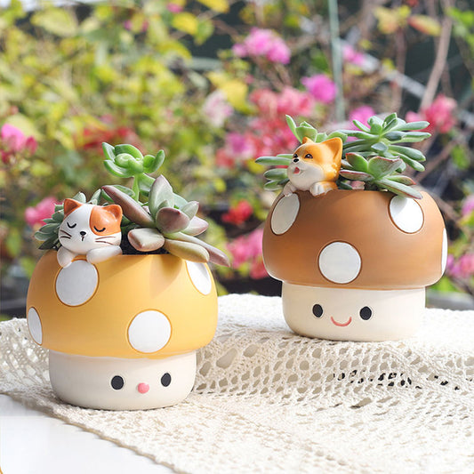 Little Forest Den Mushroom House Planter - Whimsical Resin Pet Pot for Succulents & Cacti, Adorable Desk Decor