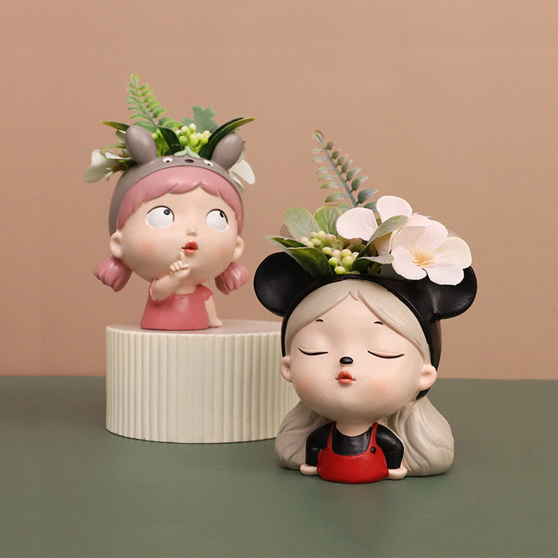 Mood Girl Succulent Planter - Whimsical Resin Face Pot with Cute Expressions, Unique Anime Style Desktop Decor