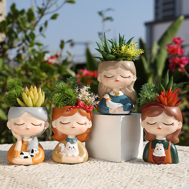 Magical Girls Succulent Planters - Adorable Resin Girl Flower Pot, Whimsical Desk Decor for Plant Lovers