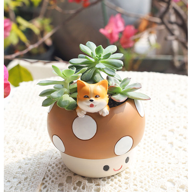 Little Forest Den Mushroom House Planter - Whimsical Resin Pet Pot for Succulents & Cacti, Adorable Desk Decor