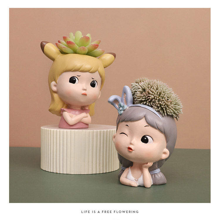 Mood Girl Succulent Planter - Whimsical Resin Face Pot with Cute Expressions, Unique Anime Style Desktop Decor