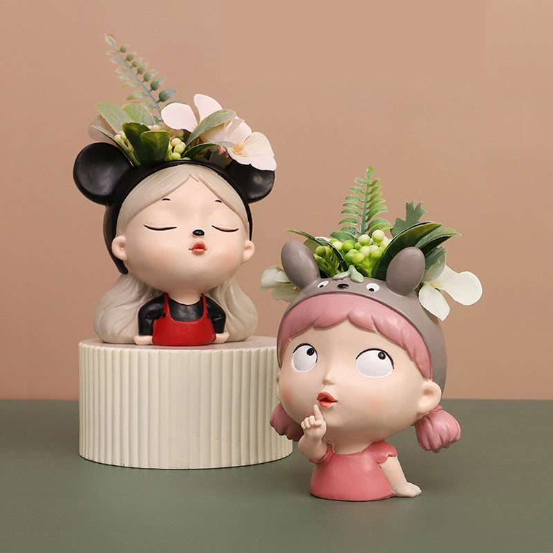 Mood Girl Succulent Planter - Whimsical Resin Face Pot with Cute Expressions, Unique Anime Style Desktop Decor