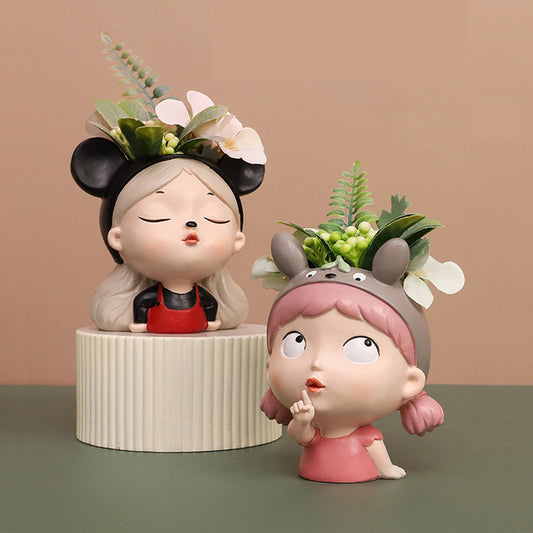 Mood Girl Succulent Planter - Whimsical Resin Face Pot with Cute Expressions, Unique Anime Style Desktop Decor
