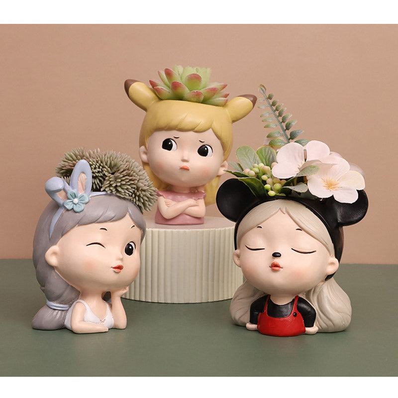 Mood Girl Succulent Planter - Whimsical Resin Face Pot with Cute Expressions, Unique Anime Style Desktop Decor
