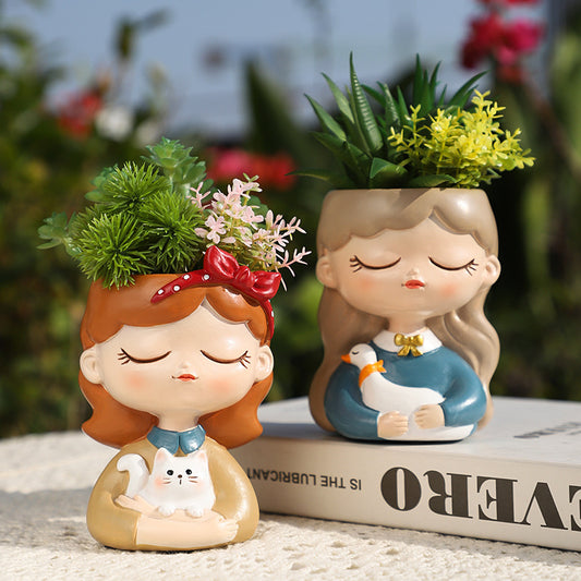 Magical Girls Succulent Planters - Adorable Resin Girl Flower Pot, Whimsical Desk Decor for Plant Lovers