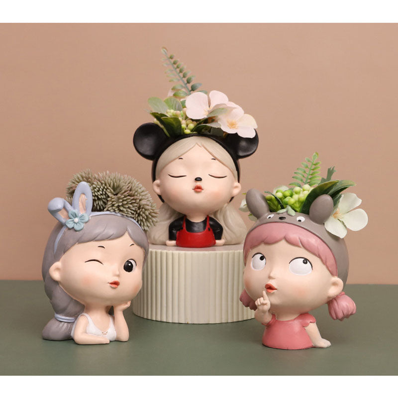 Mood Girl Succulent Planter - Whimsical Resin Face Pot with Cute Expressions, Unique Anime Style Desktop Decor