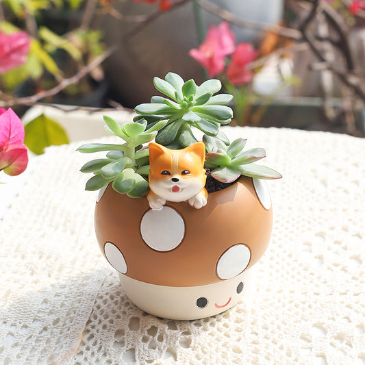 Little Forest Den Mushroom House Planter - Whimsical Resin Pet Pot for Succulents & Cacti, Adorable Desk Decor