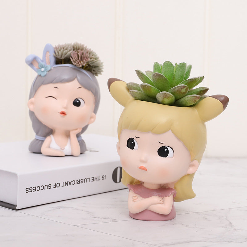Mood Girl Succulent Planter - Whimsical Resin Face Pot with Cute Expressions, Unique Anime Style Desktop Decor