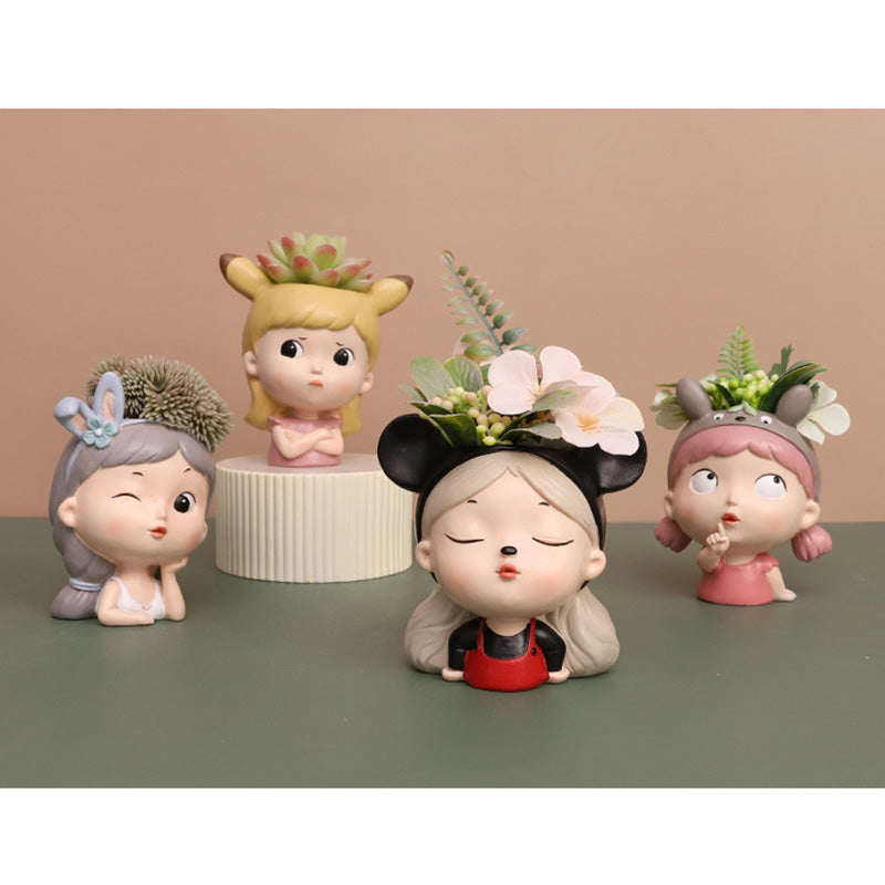 Mood Girl Succulent Planter - Whimsical Resin Face Pot with Cute Expressions, Unique Anime Style Desktop Decor