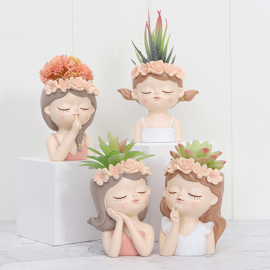 Whimsical Girl Resin Succulent Pot - Adorable Face Planter for Home & Office Decor